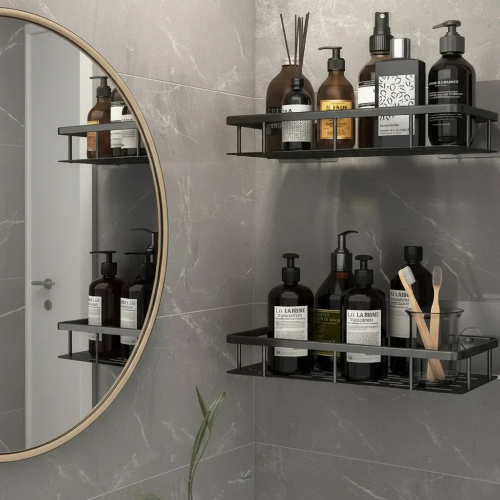Fúrás nélküli fürdőszobai polc modern és rendezett terekhez