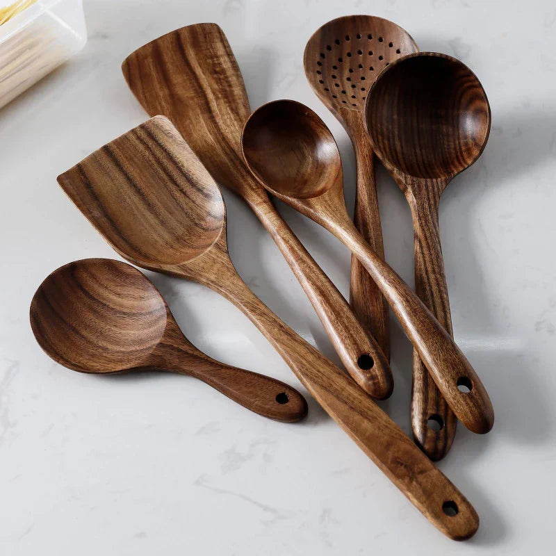 Eight-Piece Acacia Wood Kitchen Set With Holder For Everyday Cooking
