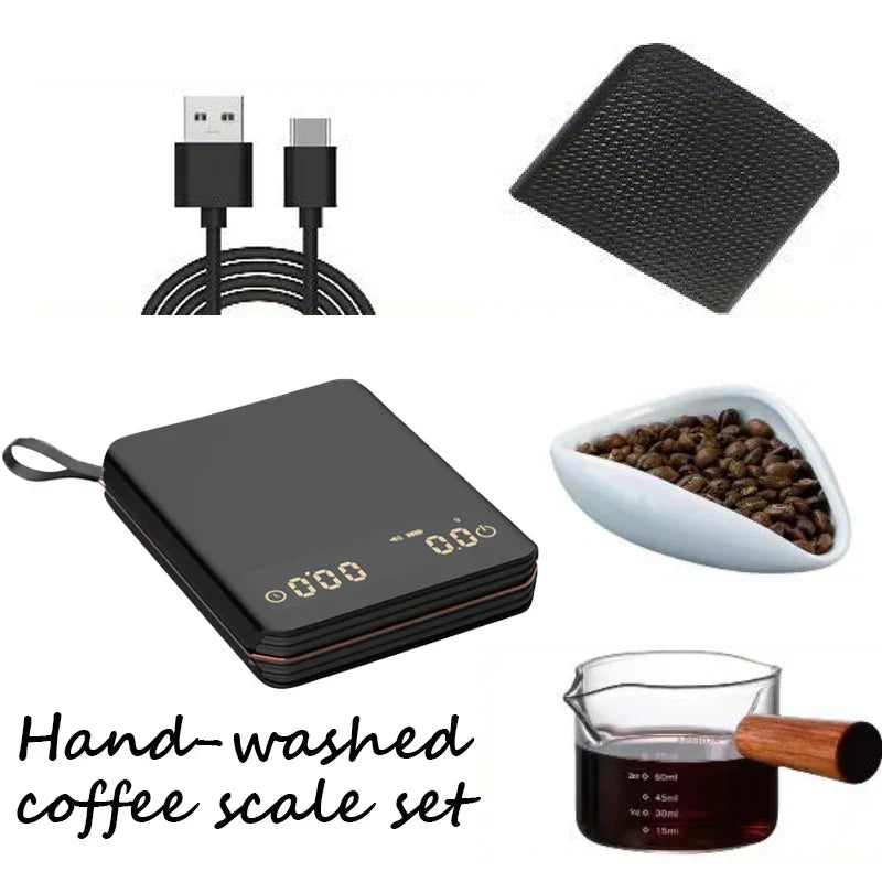 Cyfrowa waga do kawy 2000g z timerem, ładowana przez USB-C, precyzja 0,1g, wyświetlacz LED