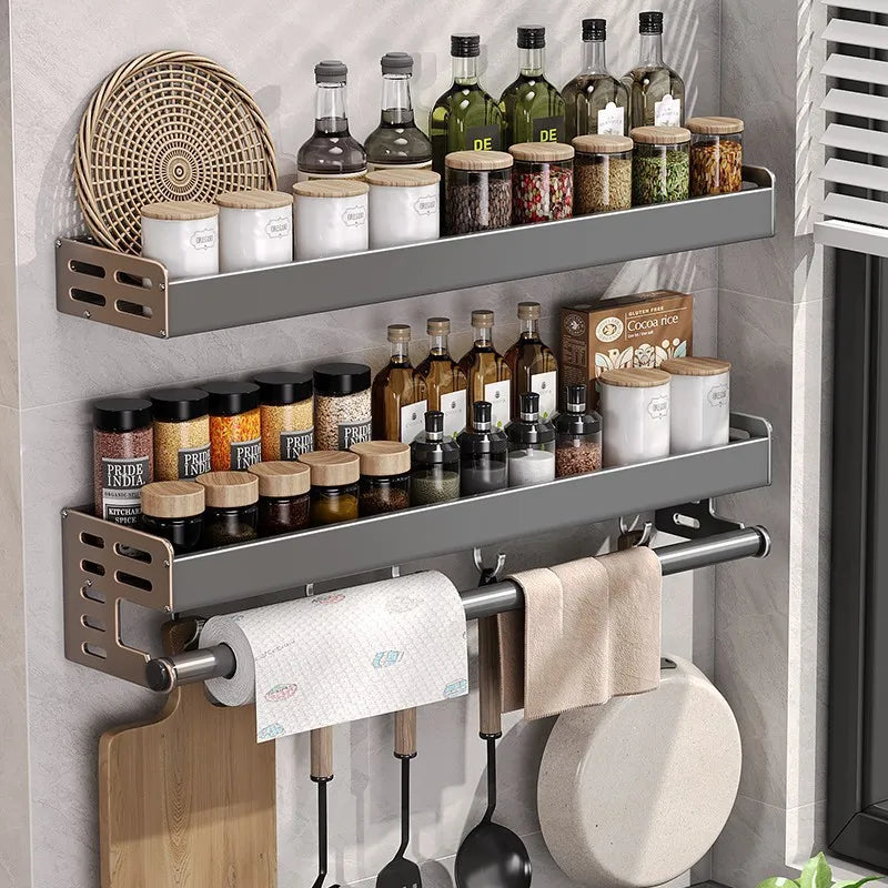 Hliníkový kuchyňský nástěnný držák v barvě gunmetal, šířka 30 až 50 cm, bez vrtání, organizér na nože a koření