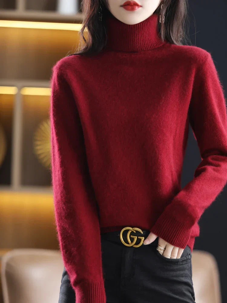 Suéter de cuello alto 100% cachemira para mujer, ajuste slim, en 23 colores