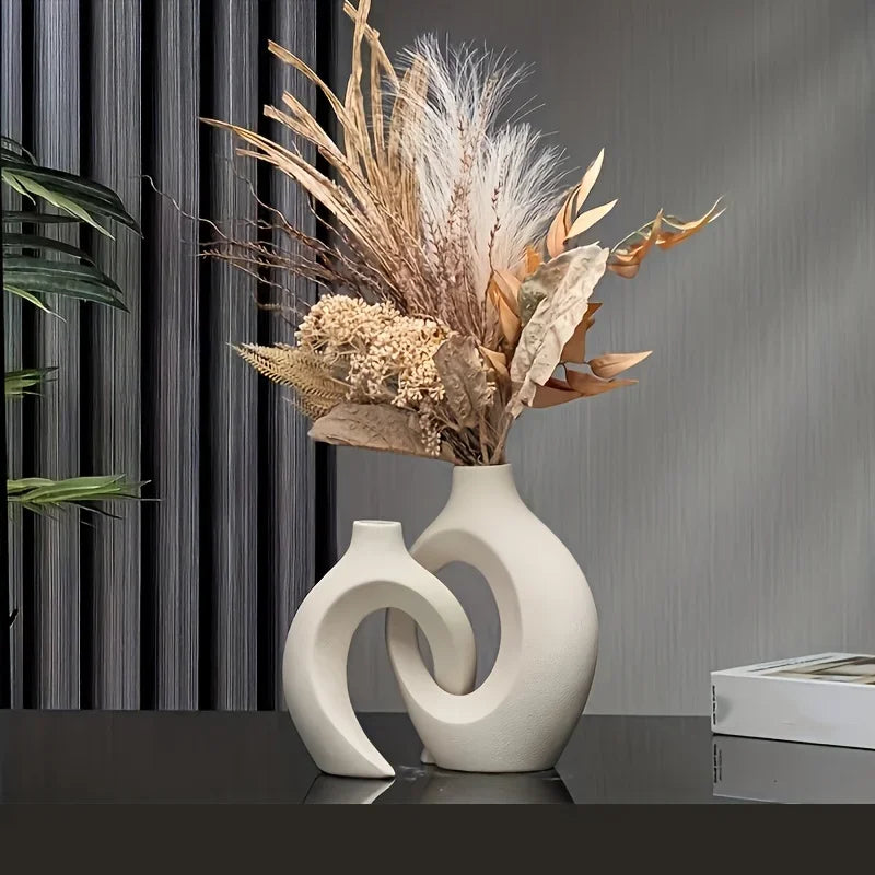 Conjunto de 2 Vasos de Cerâmica Brancos, Decoração Moderna Boho para Casa, Minimalista para Flores Secas