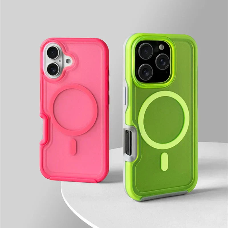 Neon beskyttelsesetui til iPhone med skridsikkert greb og magnetisk bagside