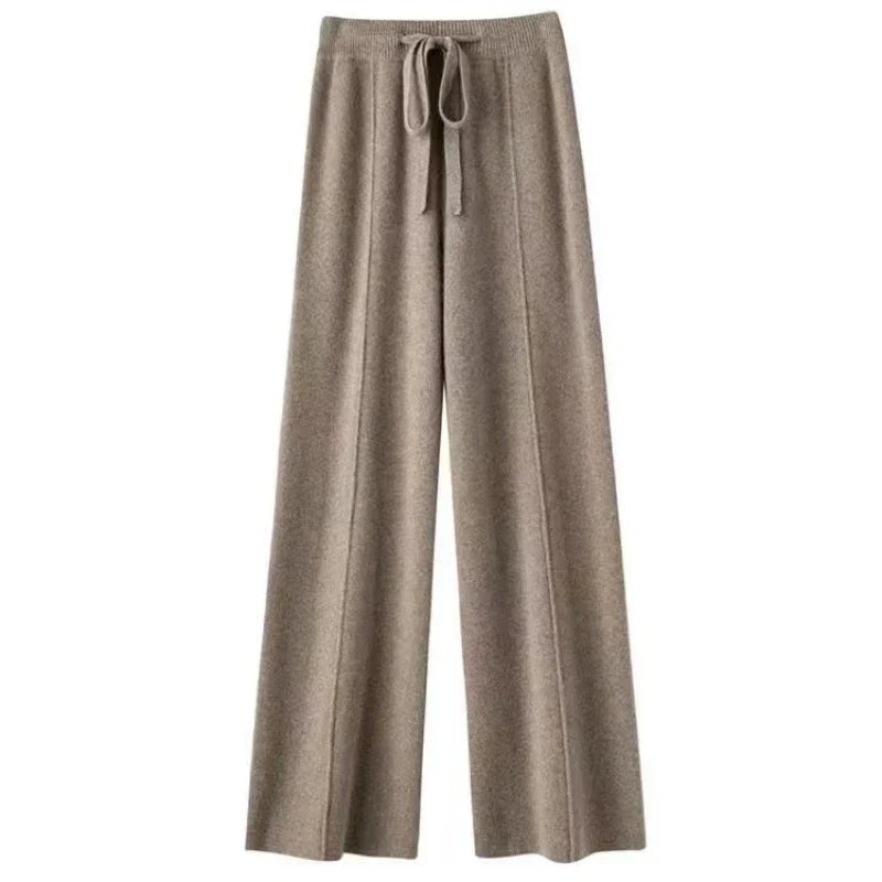 Women's Wool Cashmere Blend Wide-Leg Trousers With Elastic Waist