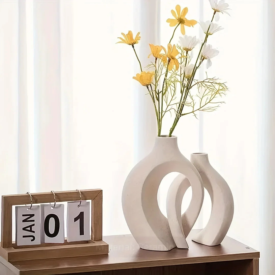 Conjunto de 2 Vasos de Cerâmica Brancos, Decoração Moderna Boho para Casa, Minimalista para Flores Secas