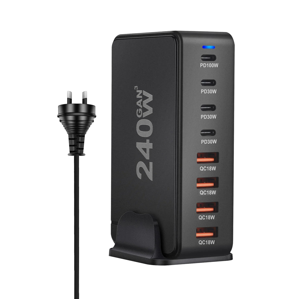 240W GaN Masaüstü Şarj Cihazı, 8 USB-C PD Portu ve Dizüstü Bilgisayarlar ile Tabletler için Quick Charge 3.0 Özellikli