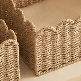 Scalloped Natural Wicker Basket For Storage Three Sizes