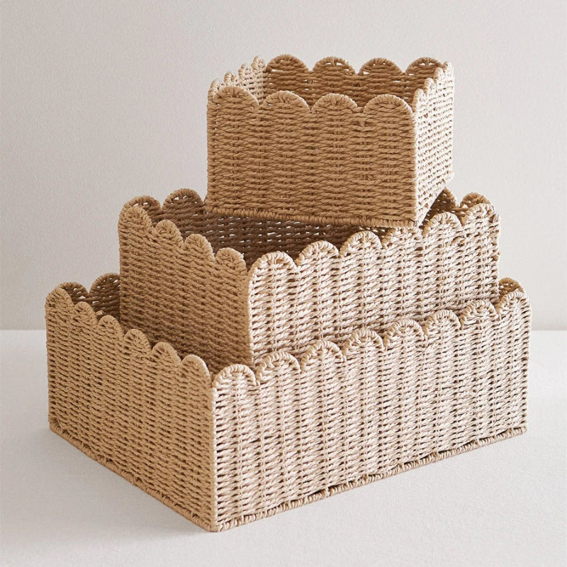 Scalloped Natural Wicker Basket For Storage Three Sizes