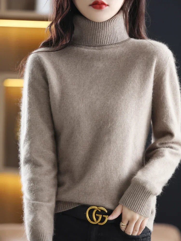 Suéter de cuello alto 100% cachemira para mujer, ajuste slim, en 23 colores