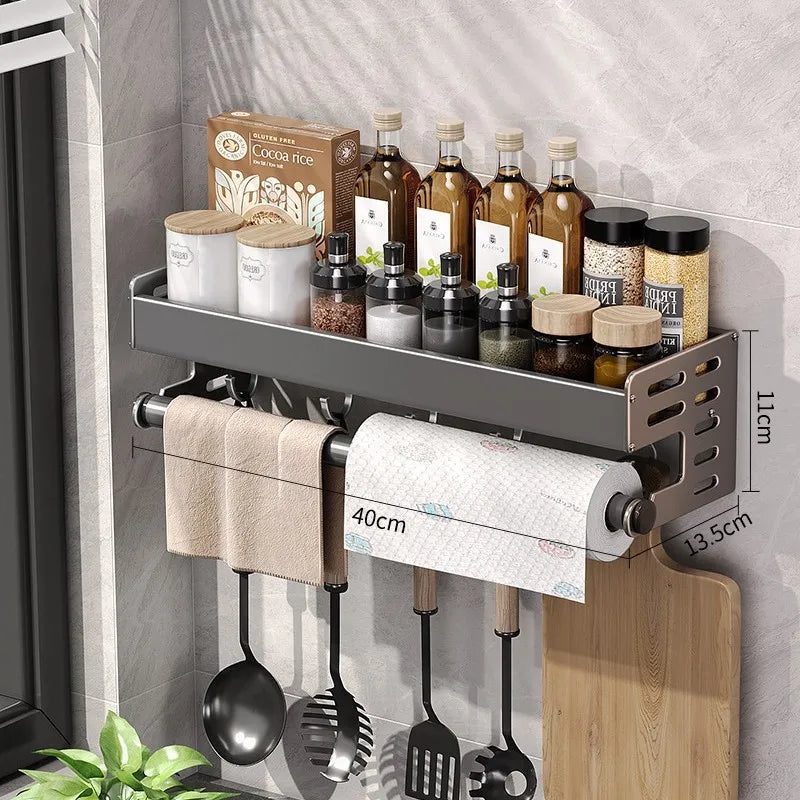 Hliníkový kuchyňský nástěnný držák v barvě gunmetal, šířka 30 až 50 cm, bez vrtání, organizér na nože a koření