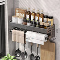 Hliníkový kuchyňský nástěnný držák v barvě gunmetal, šířka 30 až 50 cm, bez vrtání, organizér na nože a koření