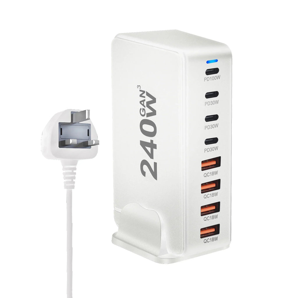 240W GaN Masaüstü Şarj Cihazı, 8 USB-C PD Portu ve Dizüstü Bilgisayarlar ile Tabletler için Quick Charge 3.0 Özellikli