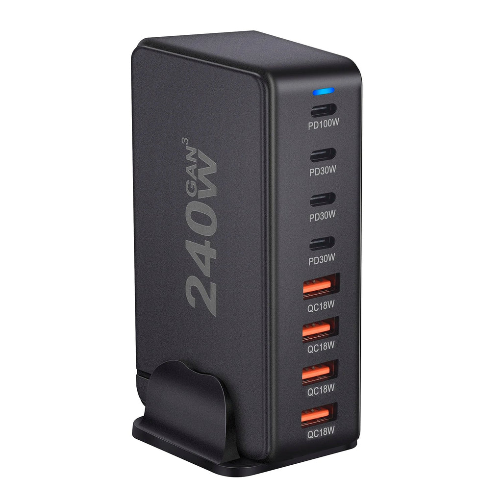 240W GaN Masaüstü Şarj Cihazı, 8 USB-C PD Portu ve Dizüstü Bilgisayarlar ile Tabletler için Quick Charge 3.0 Özellikli