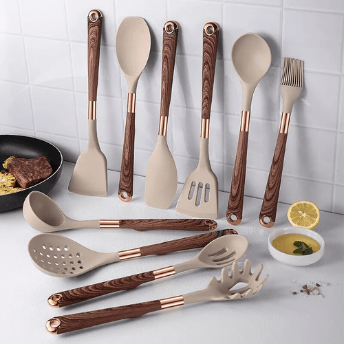 10-Piece Silicone Kitchen Tool Set, Heat-Resistant Non-Stick Cookware With Wooden Handle