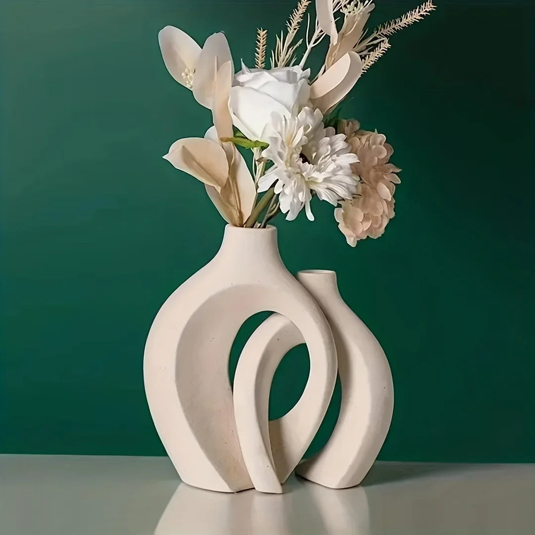 Conjunto de 2 Vasos de Cerâmica Brancos, Decoração Moderna Boho para Casa, Minimalista para Flores Secas