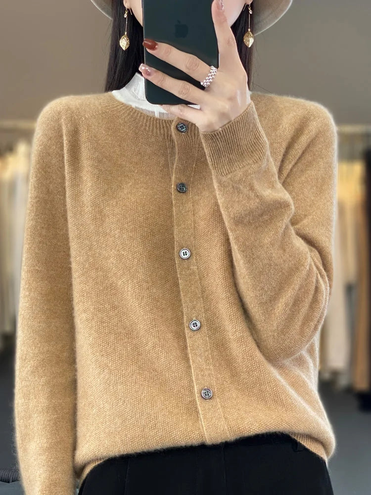 Kadınlar İçin Şık O Yaka Merino Yün Hırka Örgü Üst Koleksiyonu