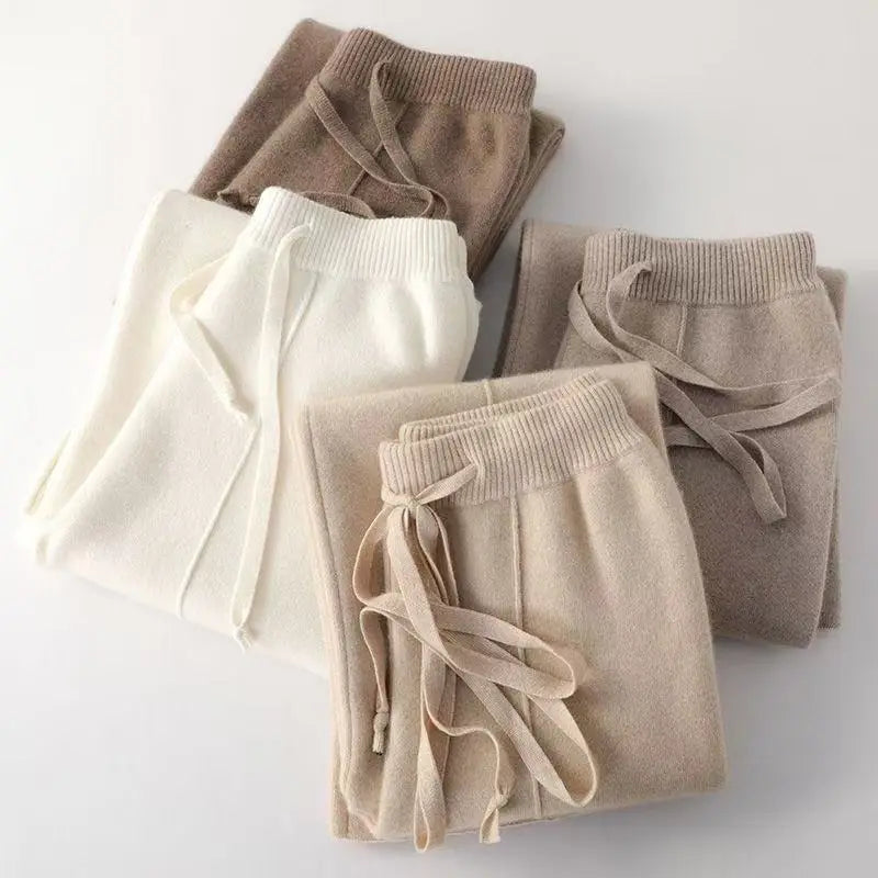 Women's Wool Cashmere Blend Wide-Leg Trousers With Elastic Waist