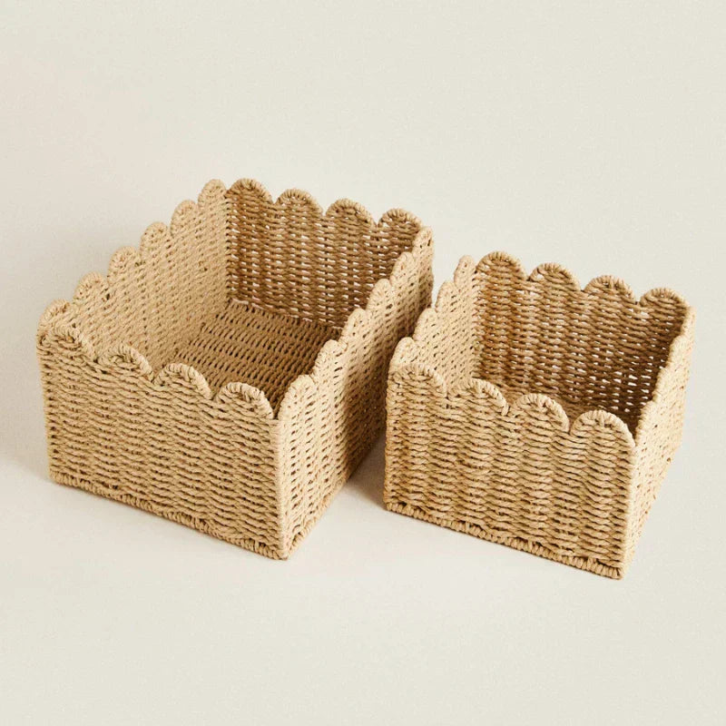 Scalloped Natural Wicker Basket For Storage Three Sizes