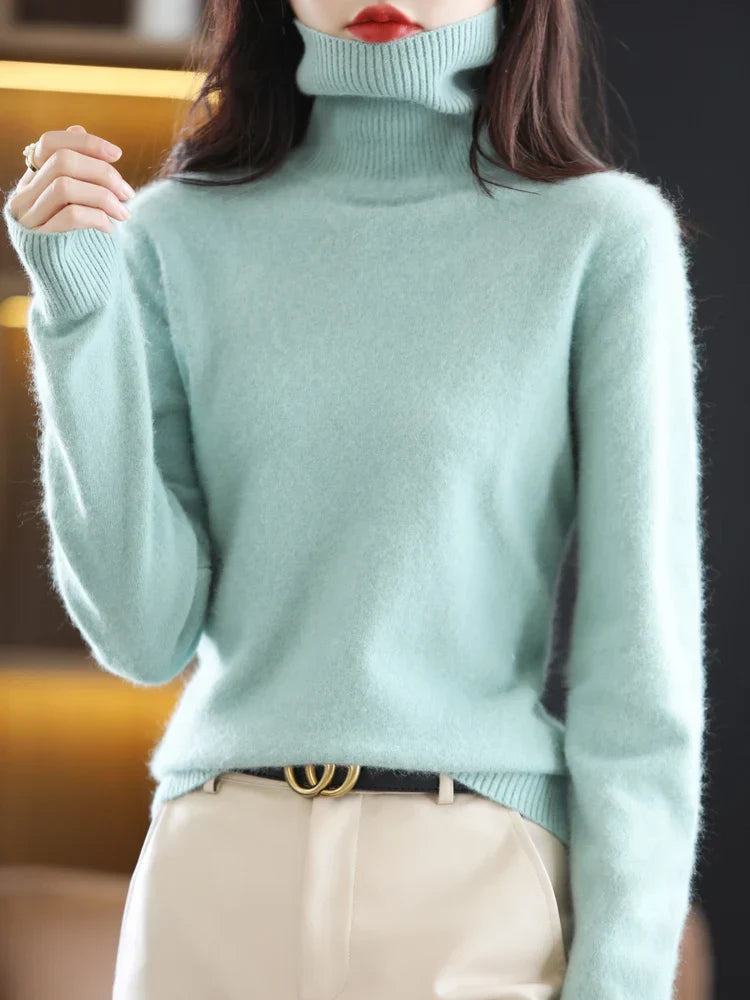 Suéter de cuello alto 100% cachemira para mujer, ajuste slim, en 23 colores
