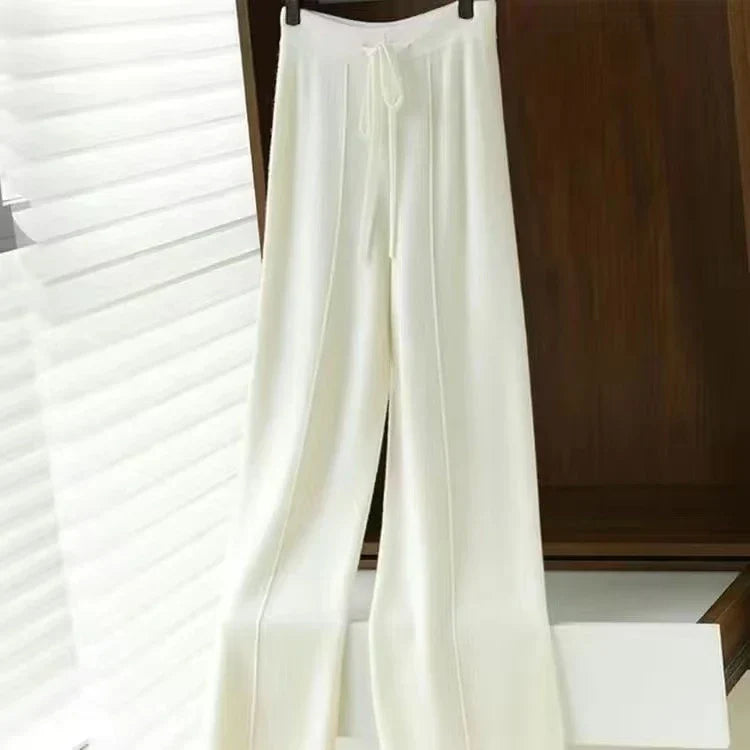 Women's Wool Cashmere Blend Wide-Leg Trousers With Elastic Waist