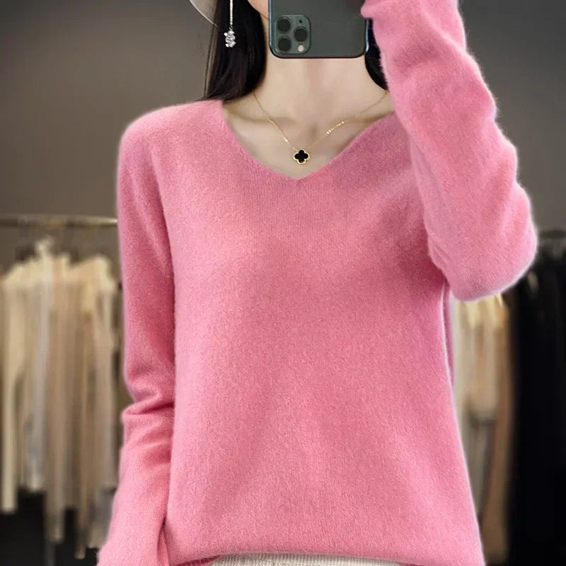 Pull en maille col en V pour femme May en laine mérinos 100 %
