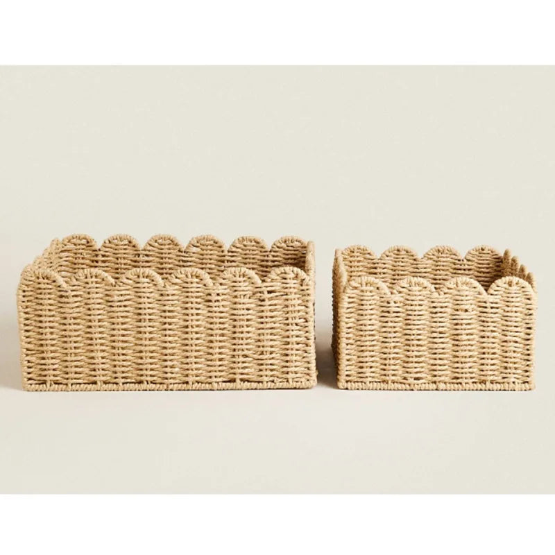 Scalloped Natural Wicker Basket For Storage Three Sizes