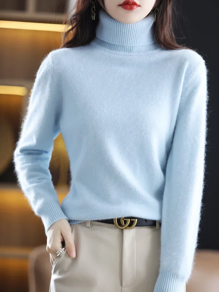 Suéter de cuello alto 100% cachemira para mujer, ajuste slim, en 23 colores