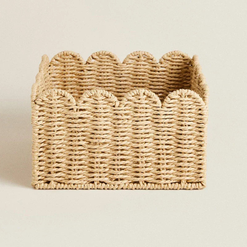 Scalloped Natural Wicker Basket For Storage Three Sizes