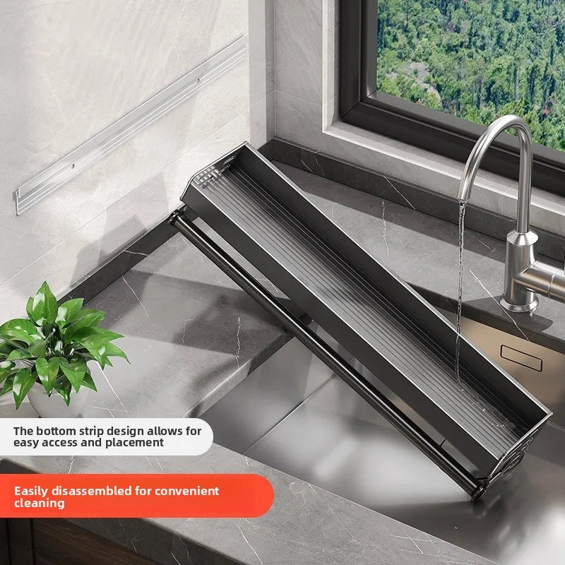 Hliníkový kuchyňský nástěnný držák v barvě gunmetal, šířka 30 až 50 cm, bez vrtání, organizér na nože a koření