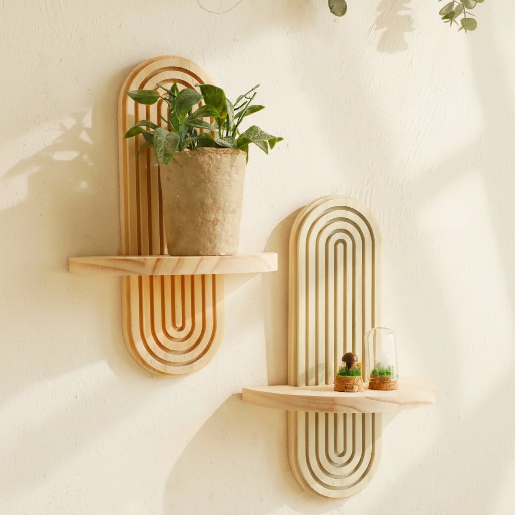TerraLoom Geometric Floating Wood Shelves for Boho Wall Storage