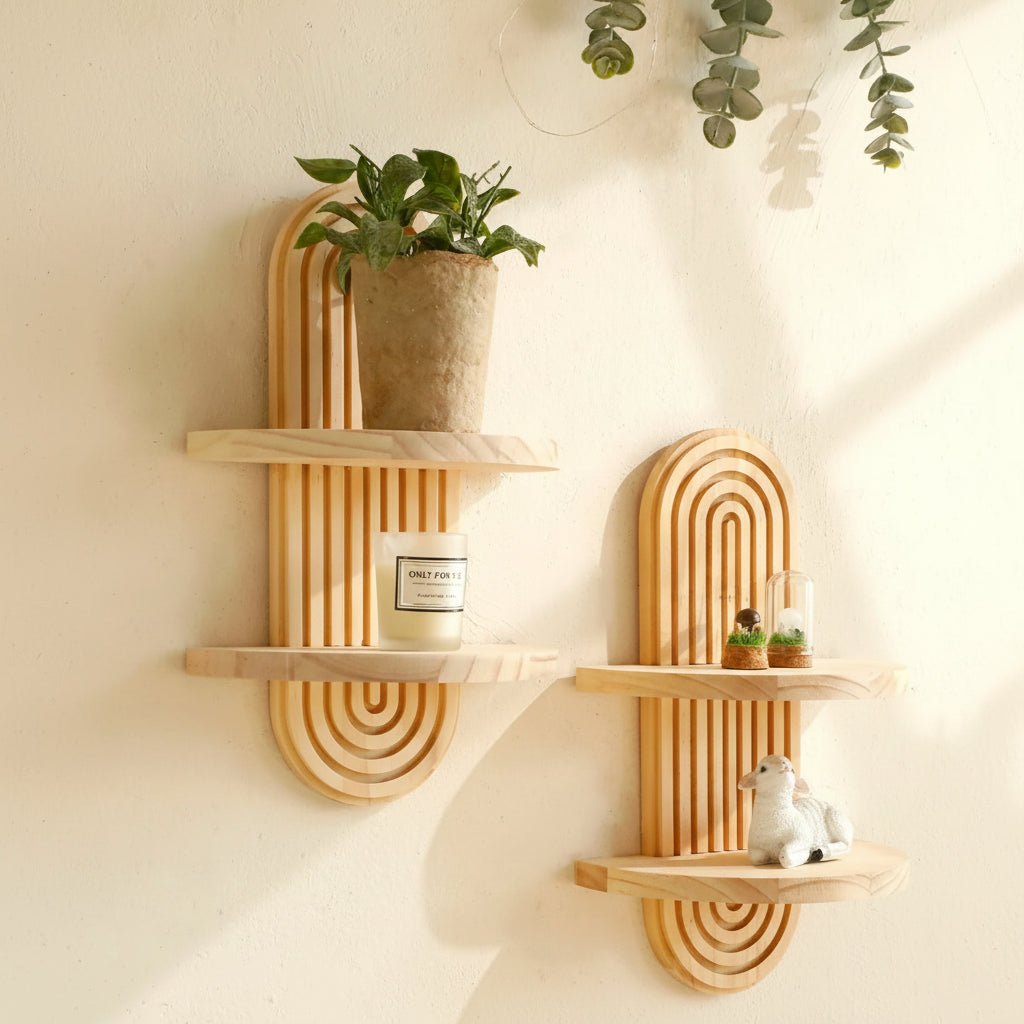 TerraLoom Geometric Floating Wood Shelves for Boho Wall Storage