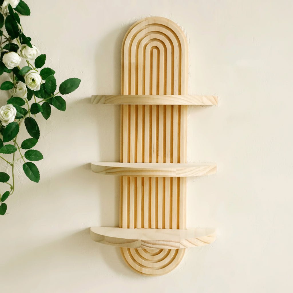 TerraLoom Geometric Floating Wood Shelves for Boho Wall Storage