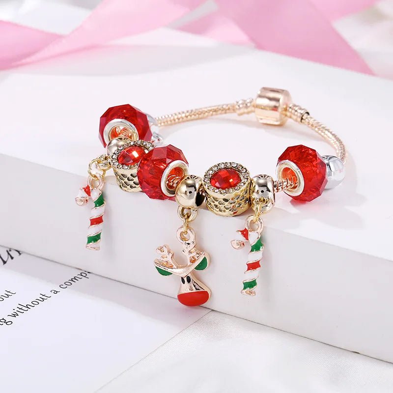 HollyGlow Festive Candy Cane Charm Bracelet With Adjustable Silver Chain