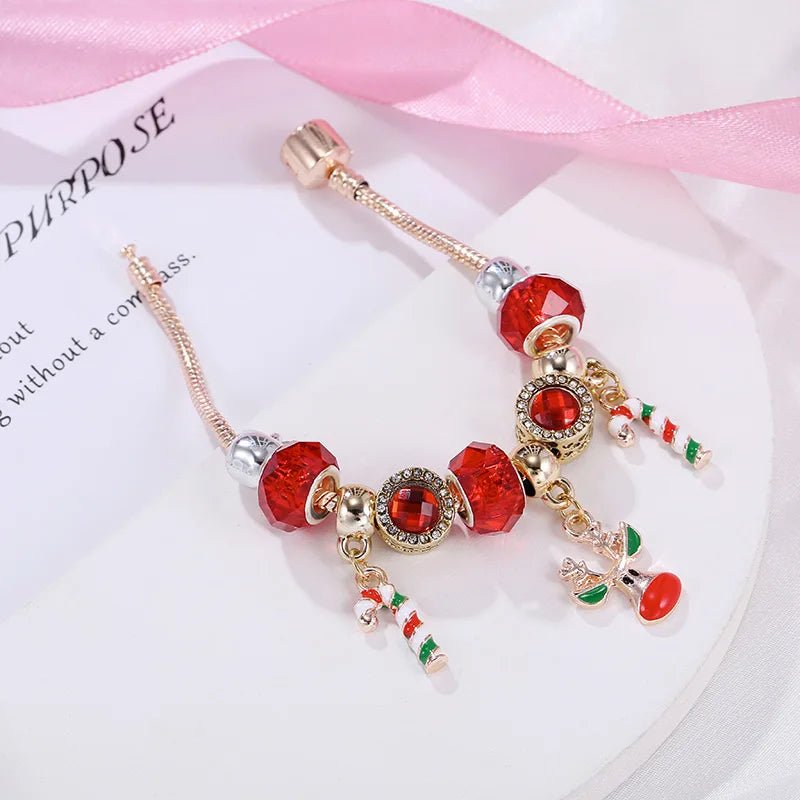 HollyGlow Festive Candy Cane Charm Bracelet With Adjustable Silver Chain