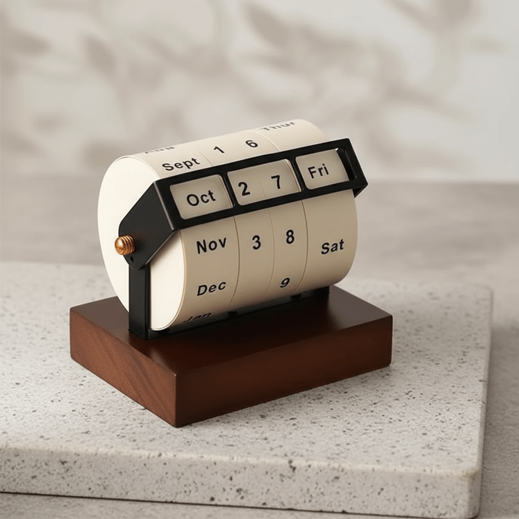 Arcwood Mid Century Wooden Rotary Calendar for Elegant Desk Design
