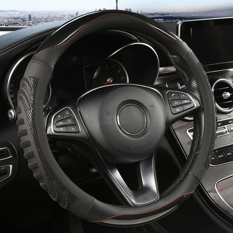 GripFlow Premium Honeycomb Leather Steering Wheel Cover Non Slip Ergonomic