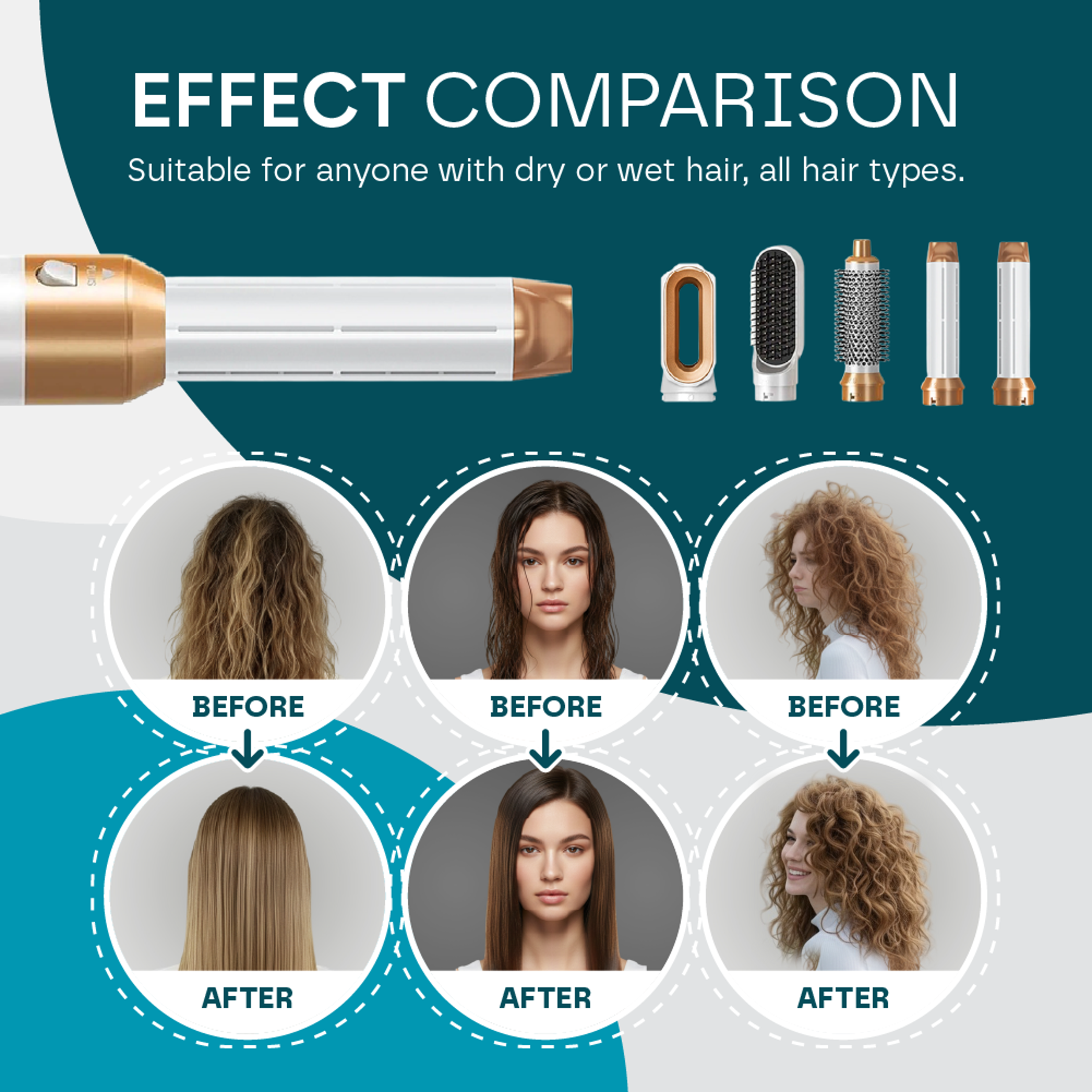 Five-In-One Dryer Brush With Rotating Attachments For Curling And Volume