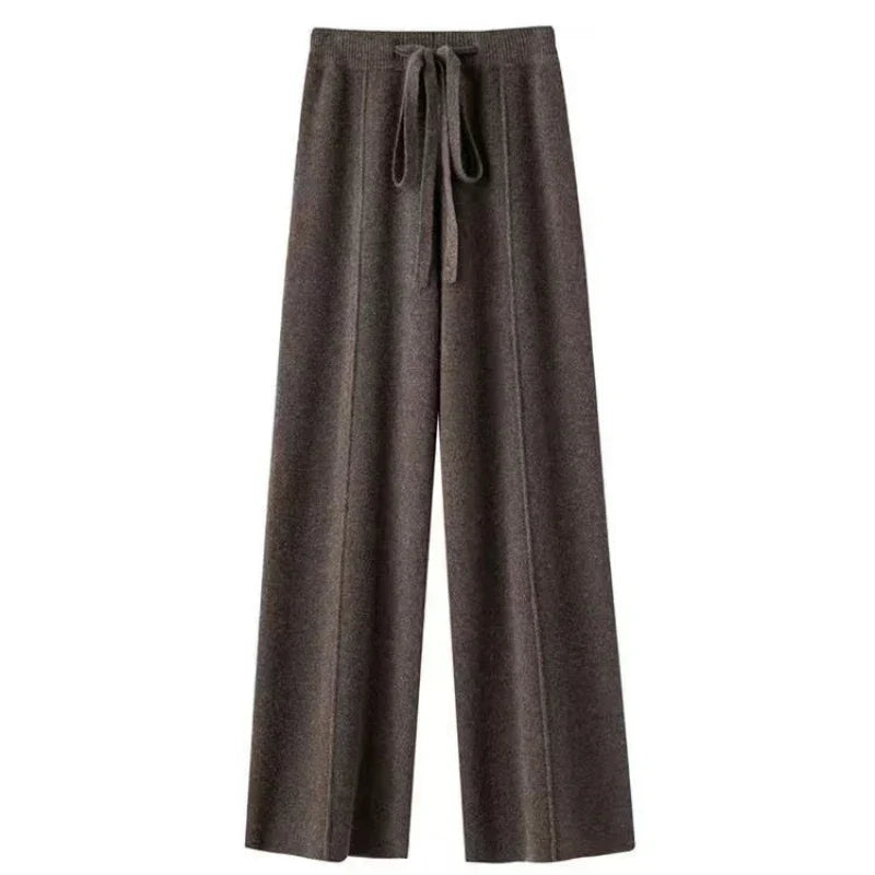 Women's Wool Cashmere Blend Wide-Leg Trousers With Elastic Waist