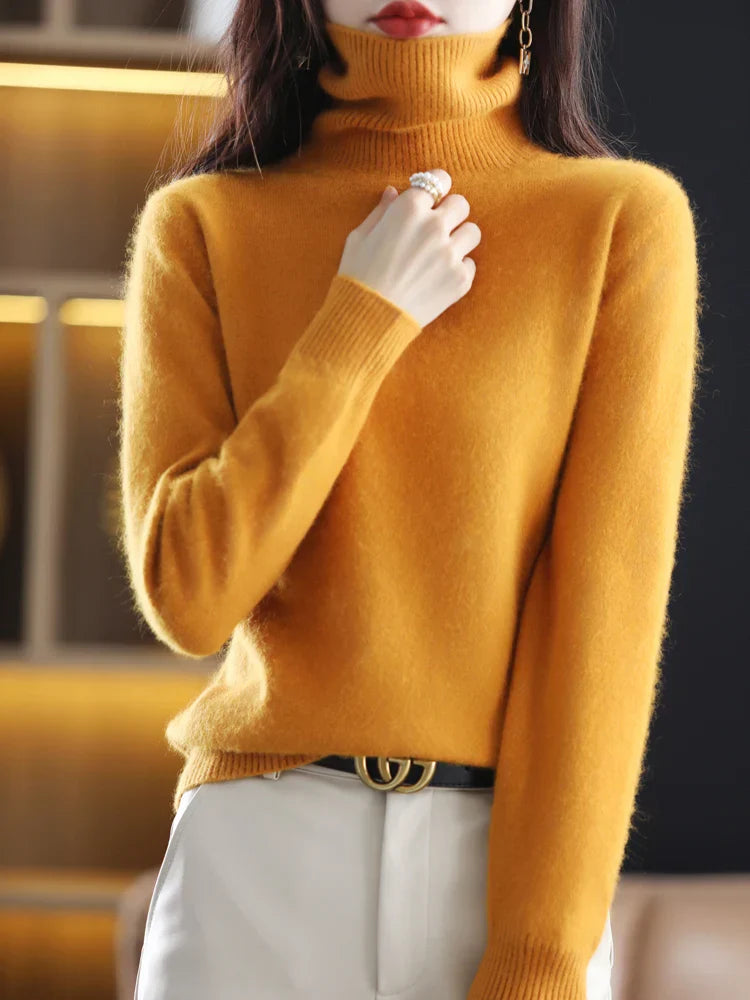 Suéter de cuello alto 100% cachemira para mujer, ajuste slim, en 23 colores