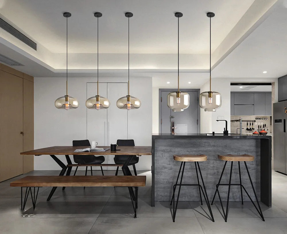 Lampada a sospensione in vetro industriale nordico con LED, stile moderno di lusso