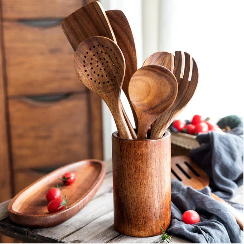 Eight-Piece Acacia Wood Kitchen Set With Holder For Everyday Cooking