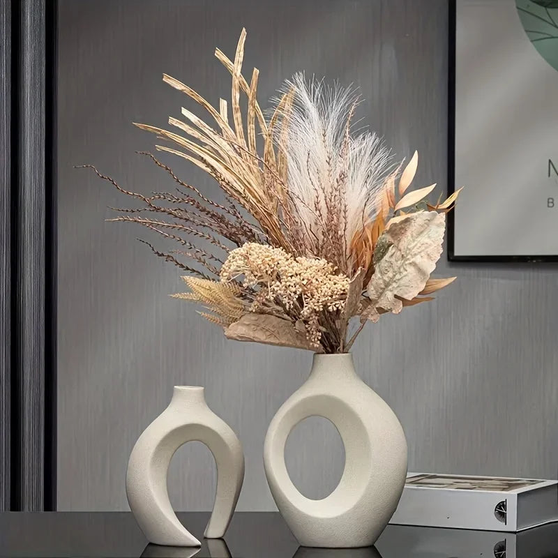 Conjunto de 2 Vasos de Cerâmica Brancos, Decoração Moderna Boho para Casa, Minimalista para Flores Secas