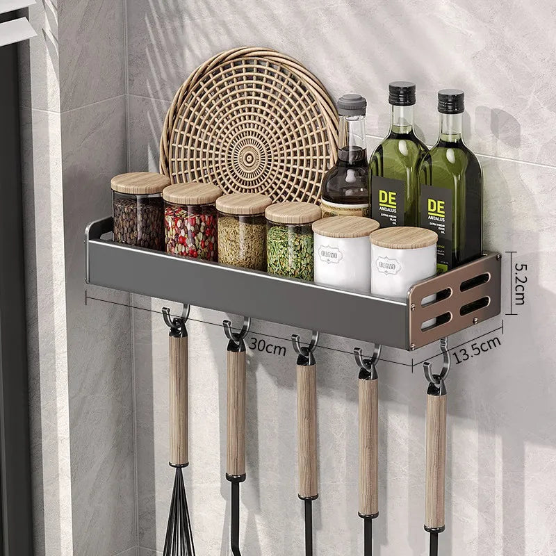 Hliníkový kuchyňský nástěnný držák v barvě gunmetal, šířka 30 až 50 cm, bez vrtání, organizér na nože a koření