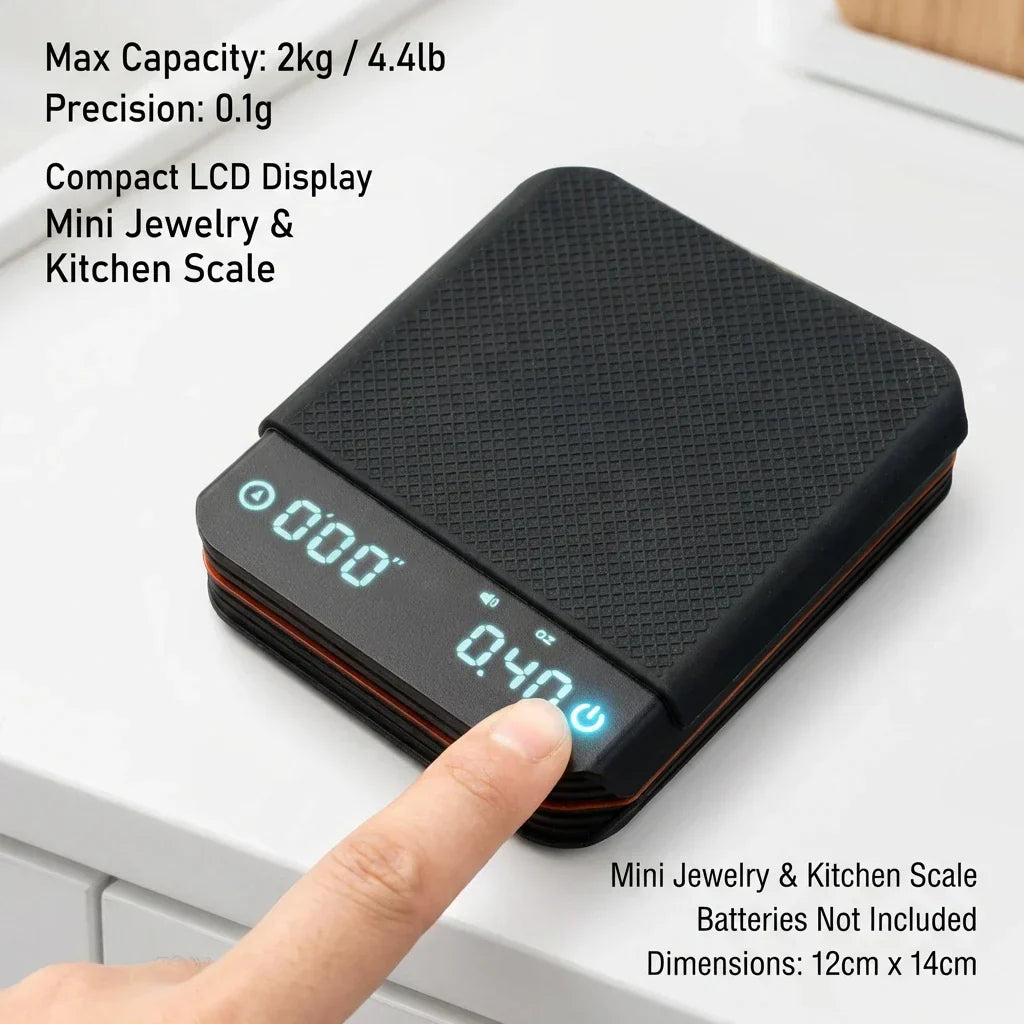 Cyfrowa waga do kawy 2000g z timerem, ładowana przez USB-C, precyzja 0,1g, wyświetlacz LED