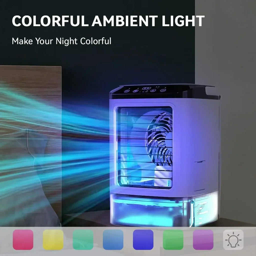 Raffrescatore d'Aria Portatile con Nebbia d'Acqua, Serbatoio da 900ml, 3 Velocità, Luce LED a 7 Colori