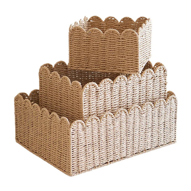 Scalloped Natural Wicker Basket For Storage Three Sizes