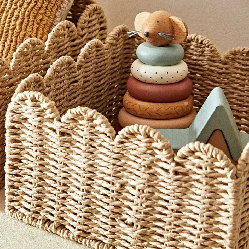 Scalloped Natural Wicker Basket For Storage Three Sizes