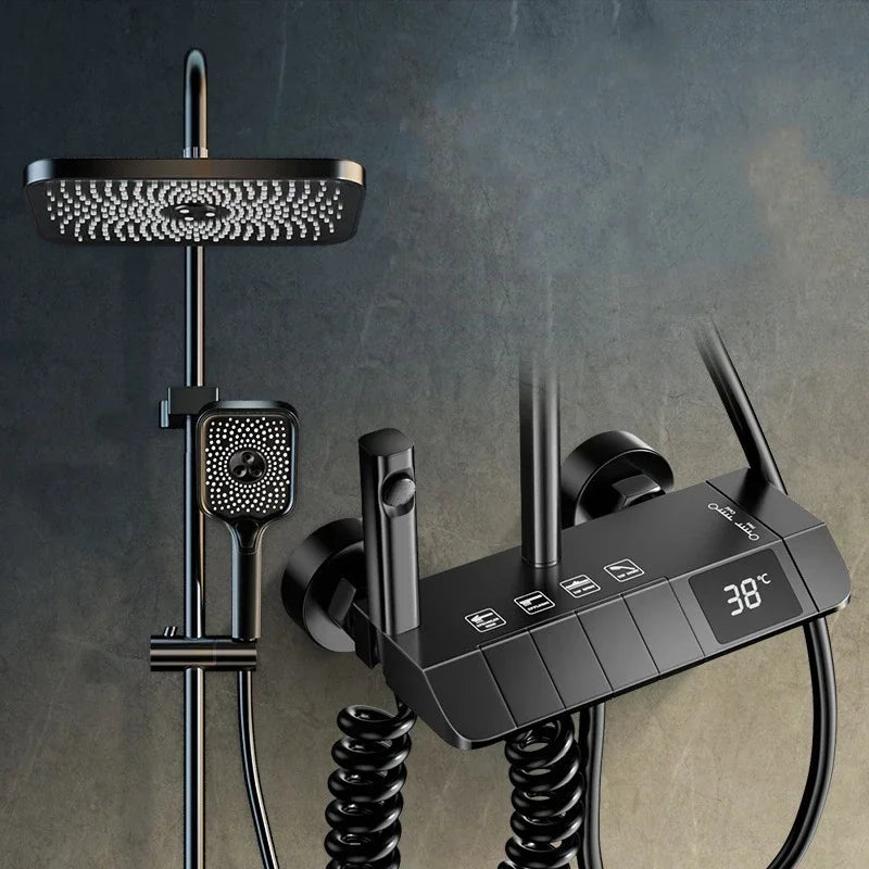 AquaSense Digital Brusesæt – 4 Funktioner, Højt Tryk, Kobberblander, Termostatstyring | Fervei