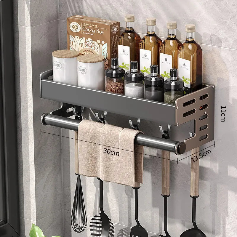Hliníkový kuchyňský nástěnný držák v barvě gunmetal, šířka 30 až 50 cm, bez vrtání, organizér na nože a koření