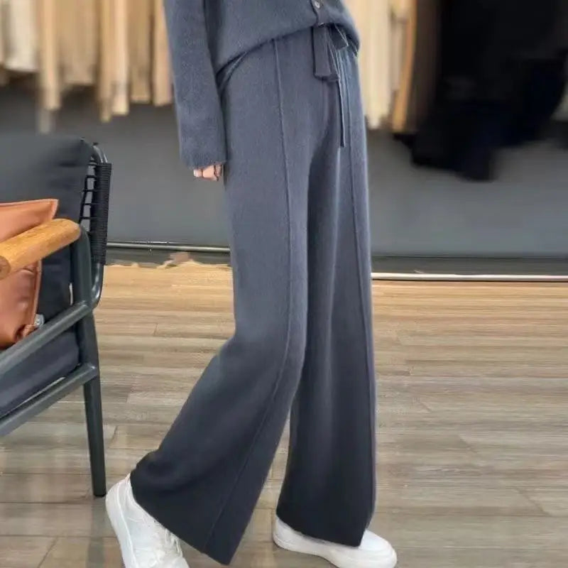Women's Wool Cashmere Blend Wide-Leg Trousers With Elastic Waist